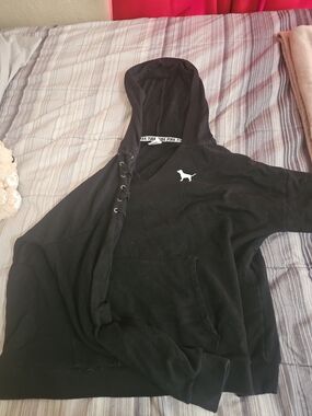 Oversized PINK Victoria's Secret Black Lace-Up Hoodie with Dog Logo